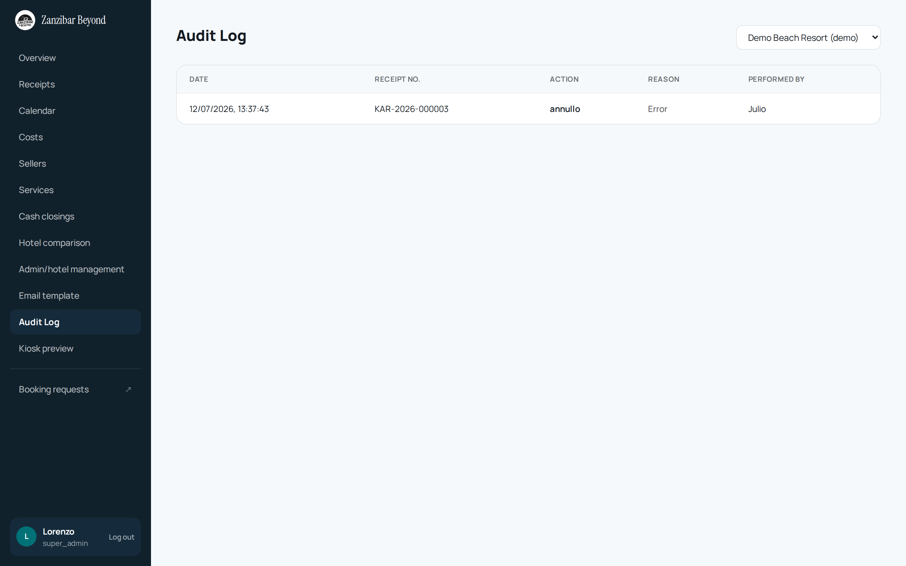 Audit Log del hotel demo — tabella con azioni recenti