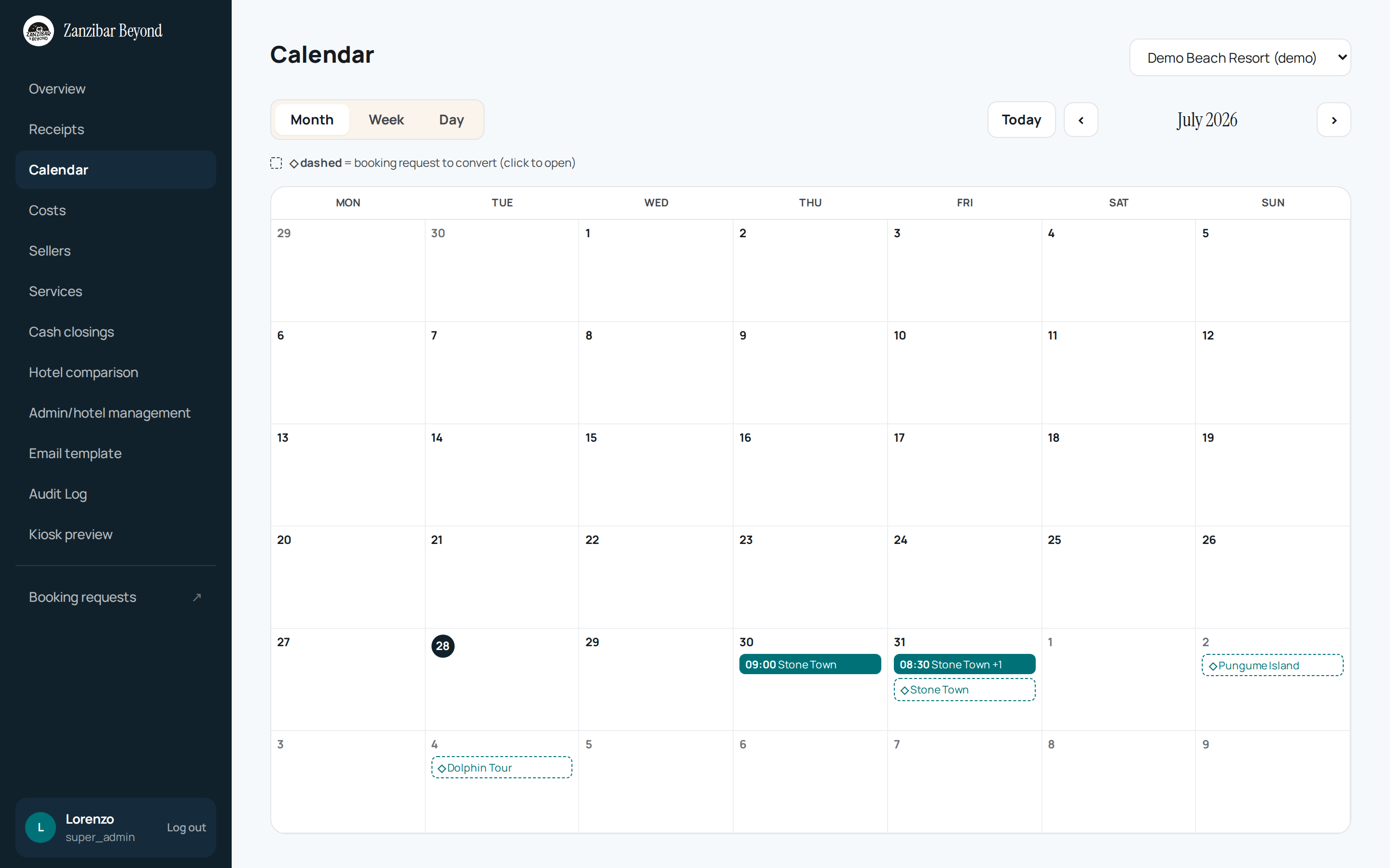Calendar Month del hotel demo con eventi degli scontrini emessi