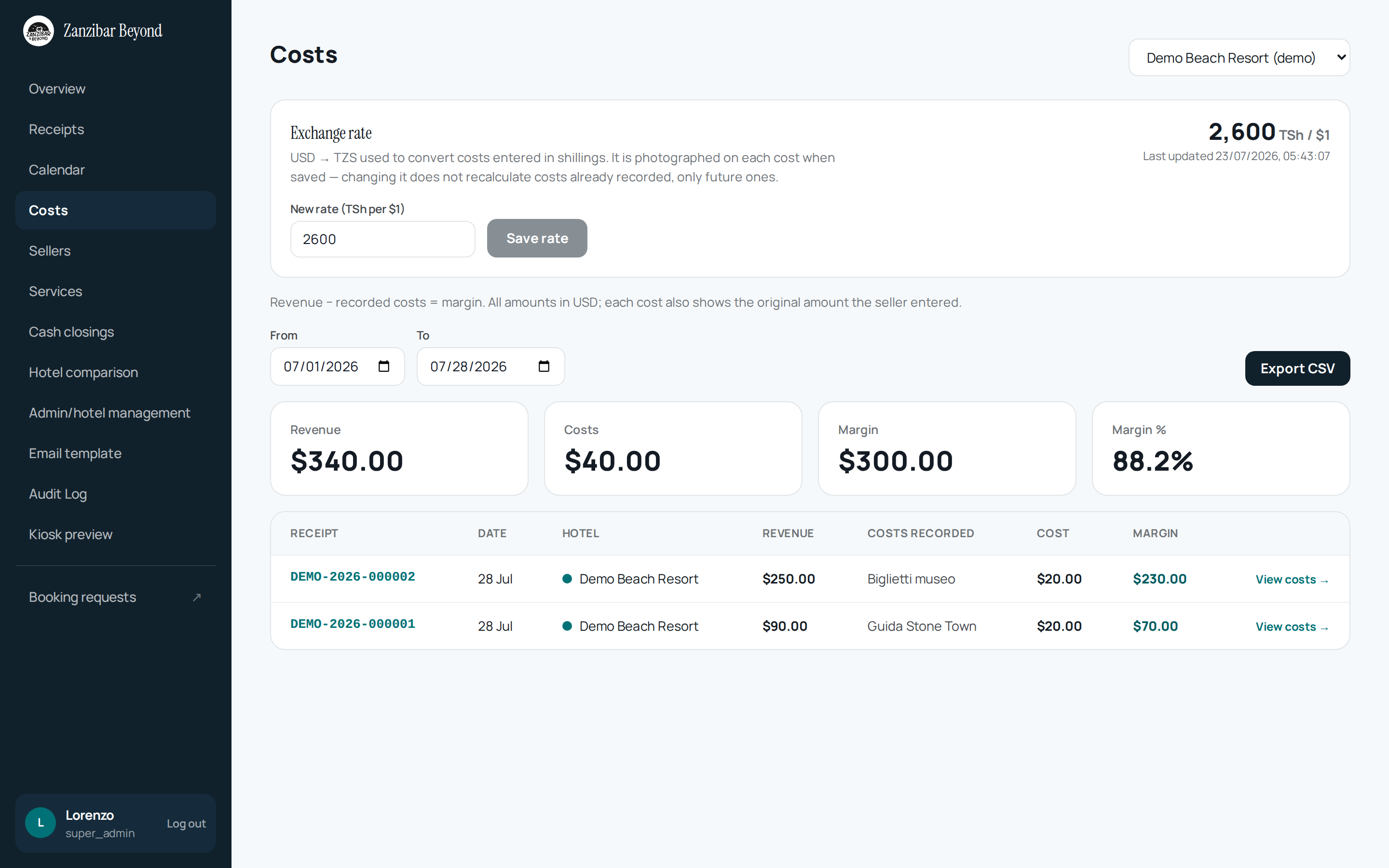 Dashboard Costs con lista ricevute, colonne Revenue, Costs, Cost USD, Margin