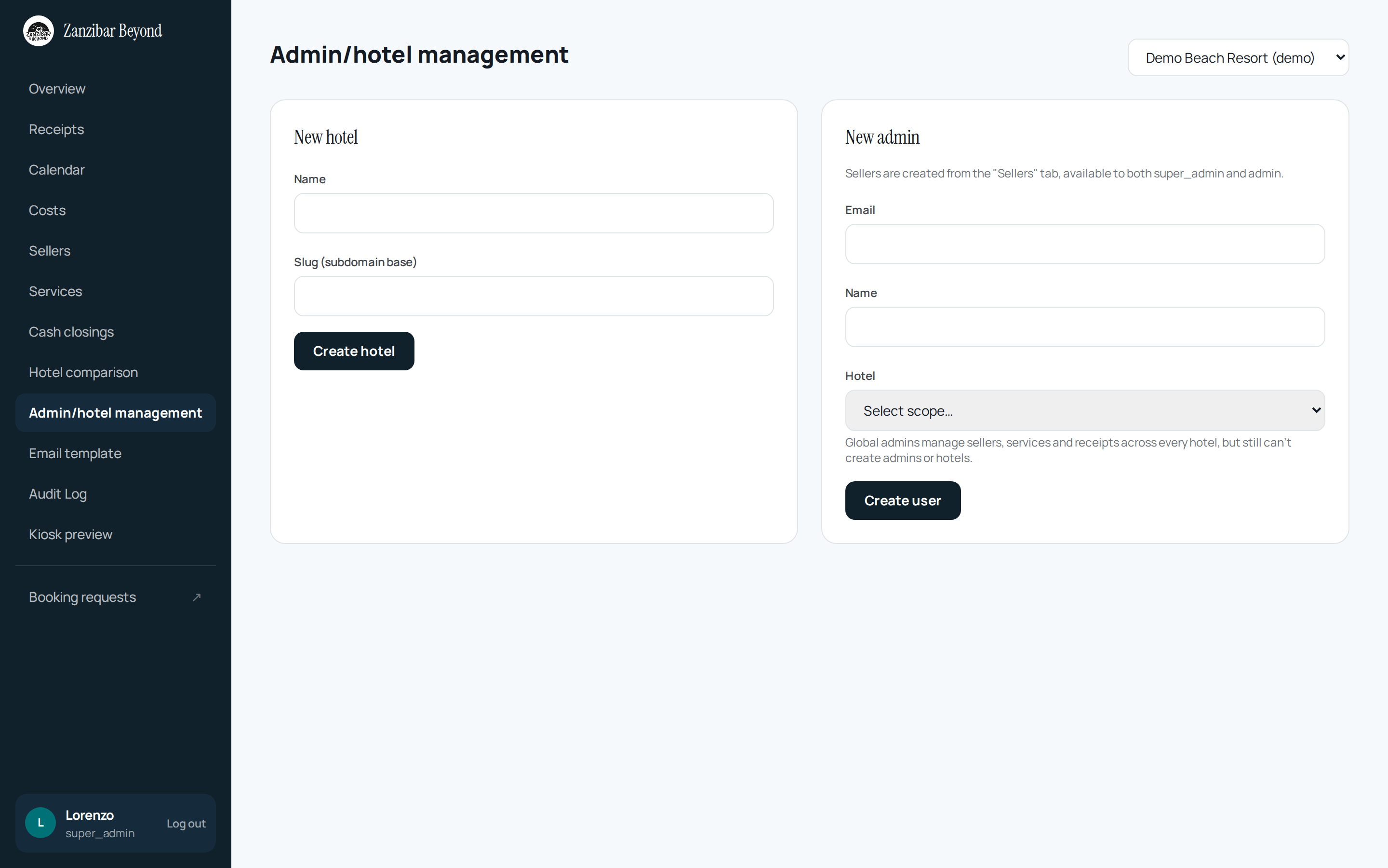 Dashboard Admin/hotel management con lista hotel + form New admin