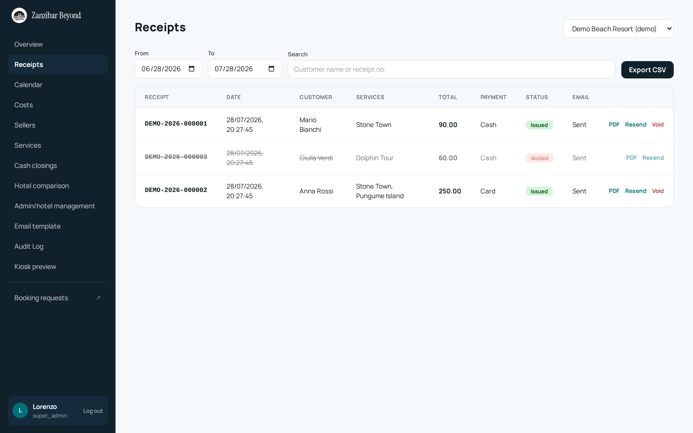 Dashboard Receipts con filtro Demo Beach Resort — lista ricevute con filtri From/To date, search, bottone Export CSV, tabella con 3 righe demo