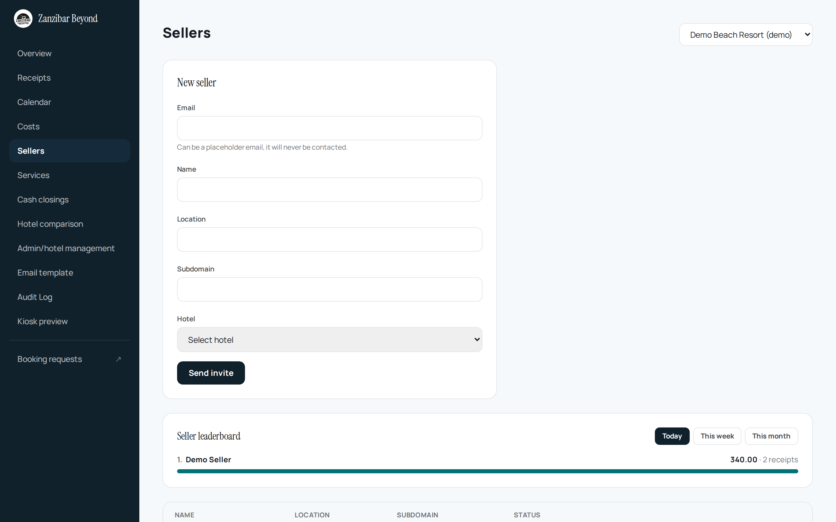 Sellers: form New seller con campi Email, Name, Location, Subdomain, Hotel + bottone Send invite. Sotto, 