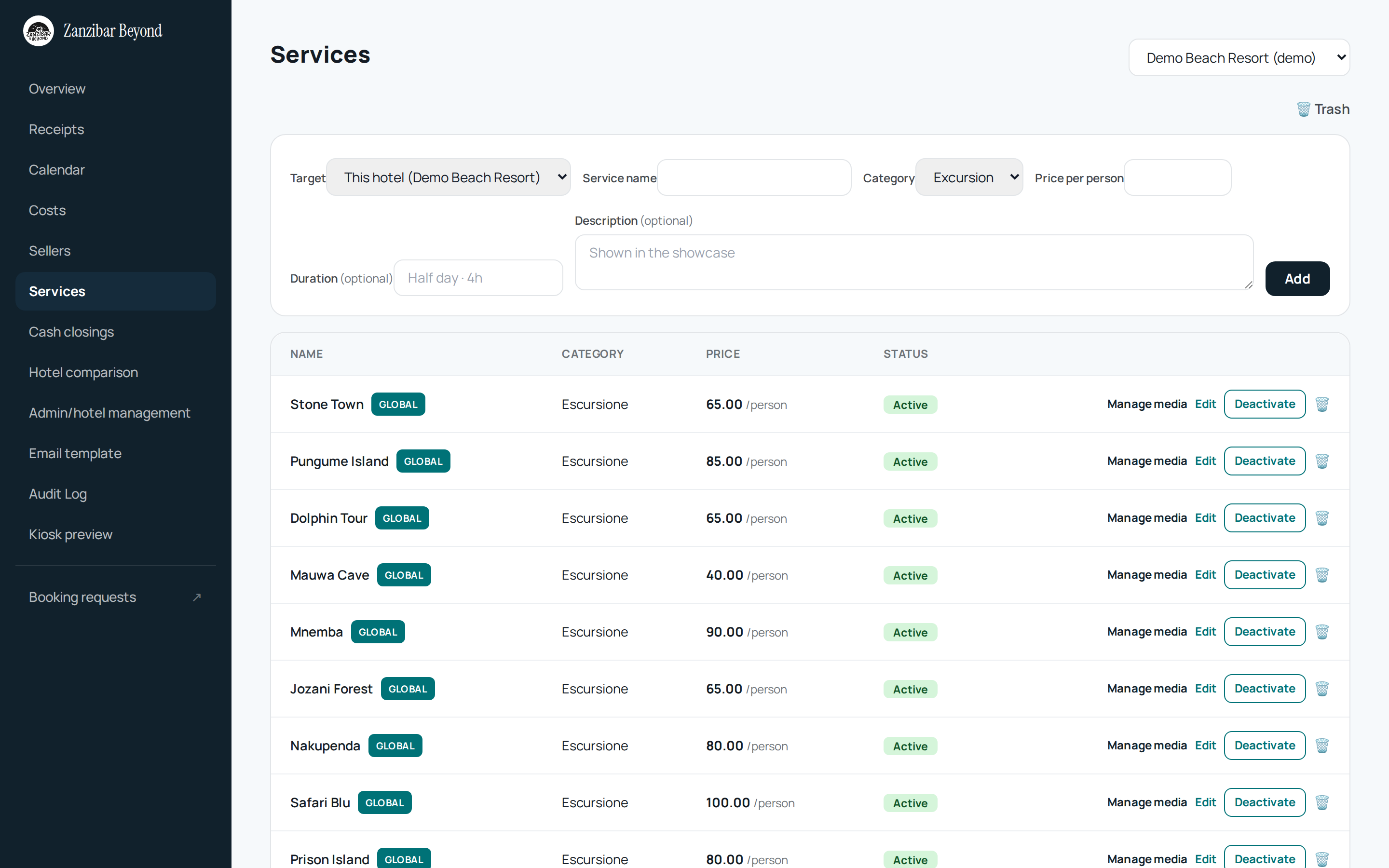 Dashboard Services con lista del catalogo del hotel demo