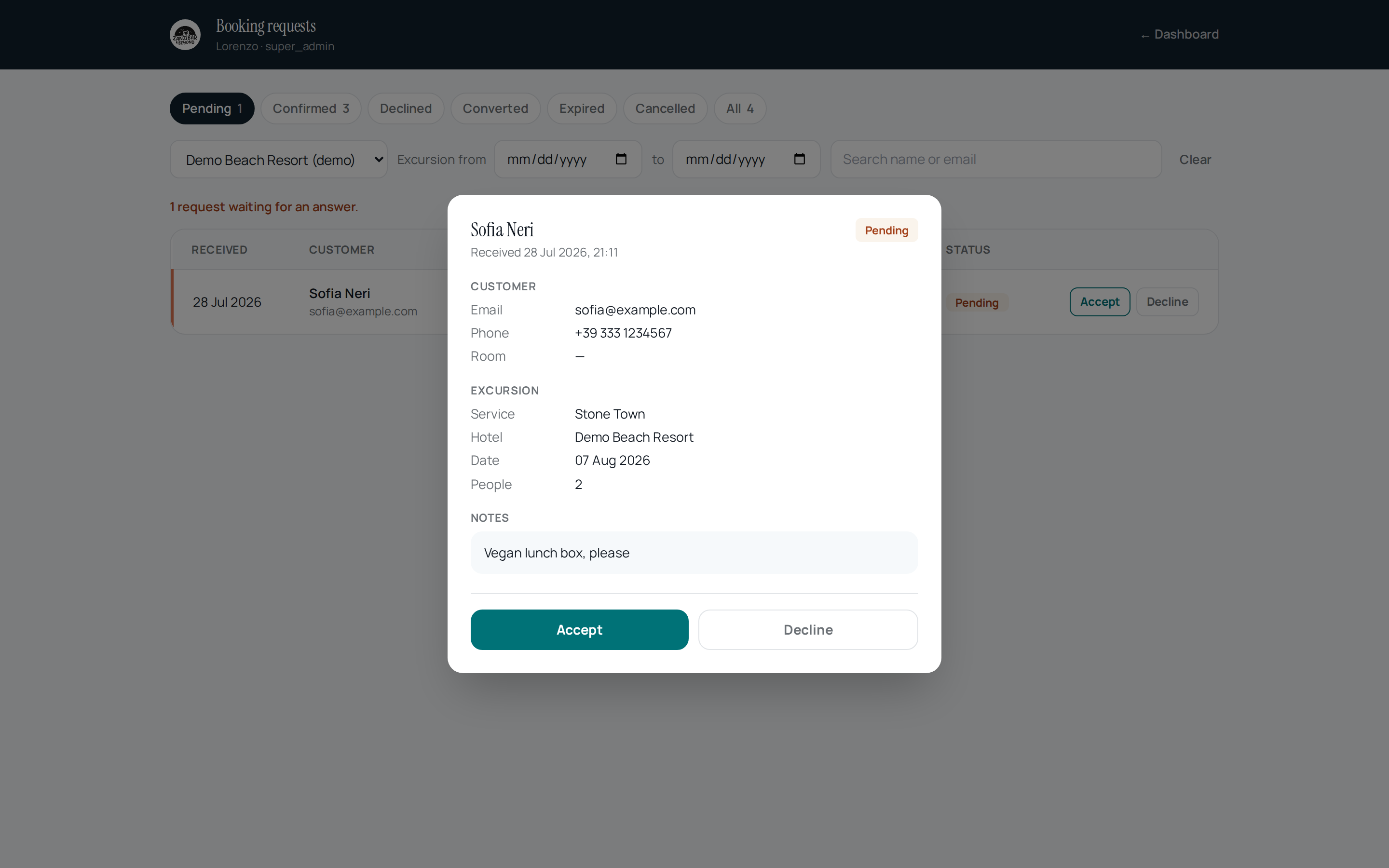 Modale dettaglio di una richiesta pending — cliente, hotel, servizio, data escursione, pax, note; bottoni Accept e Decline in fondo