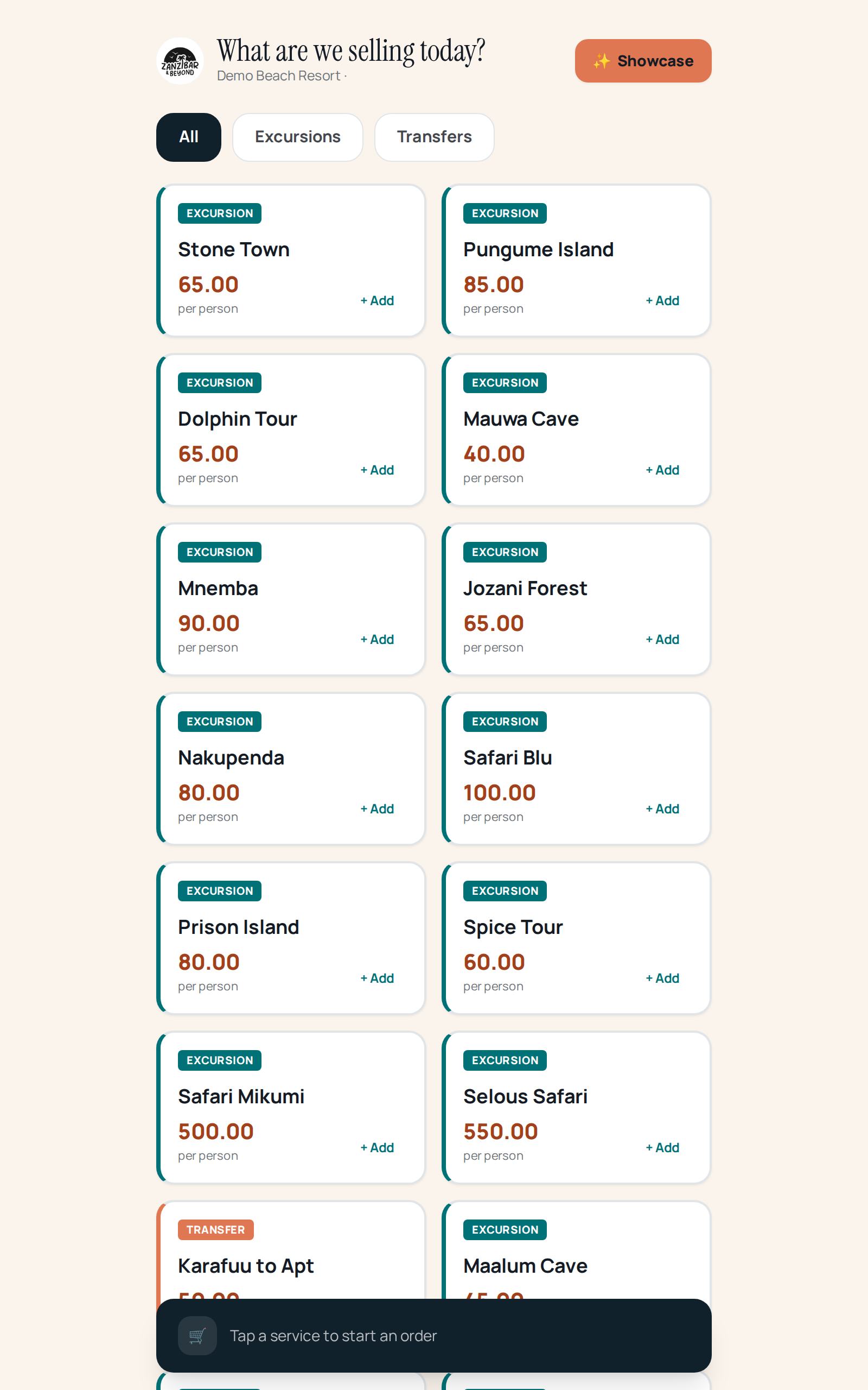 Home del kiosk: intestazione con il nome dell'hotel, tab All/Excursions/Transfers, griglia dei servizi con prezzo e 