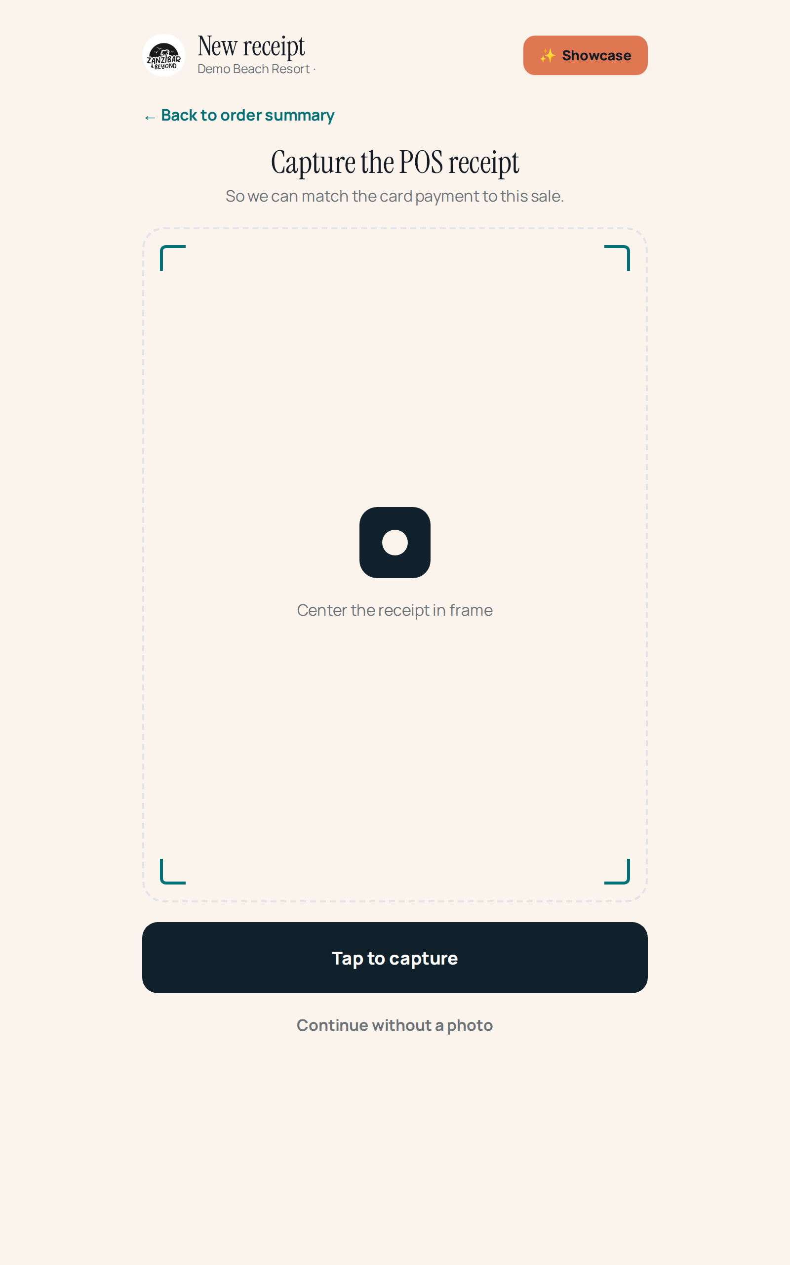 Schermata Capture the POS receipt — riquadro vuoto pronto per la fotocamera, bottone Continue without a photo sotto