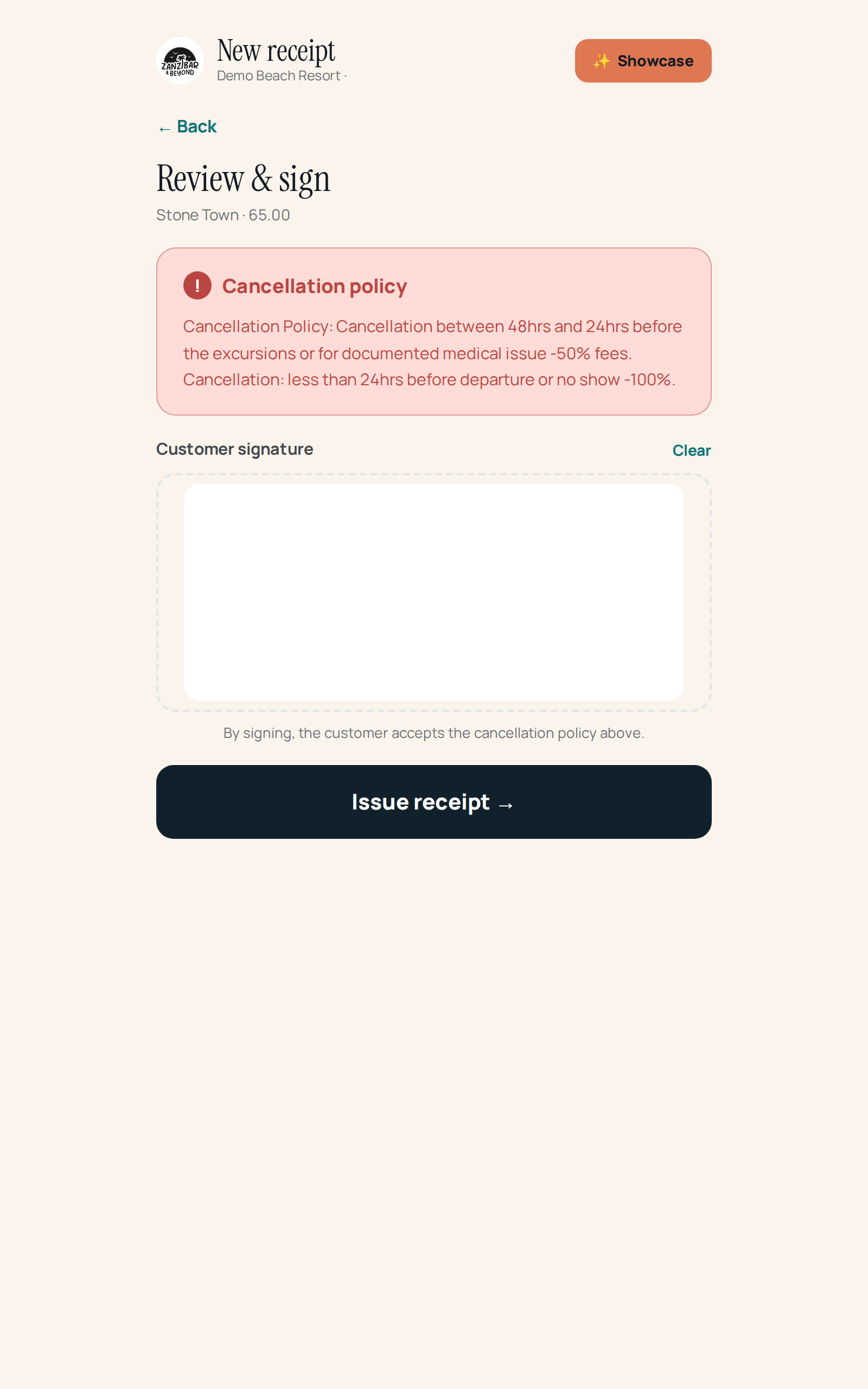 Schermata Review & sign: titolo con nome servizio e prezzo, Cancellation policy in rosa, riquadro firma tratteggiato vuoto con 