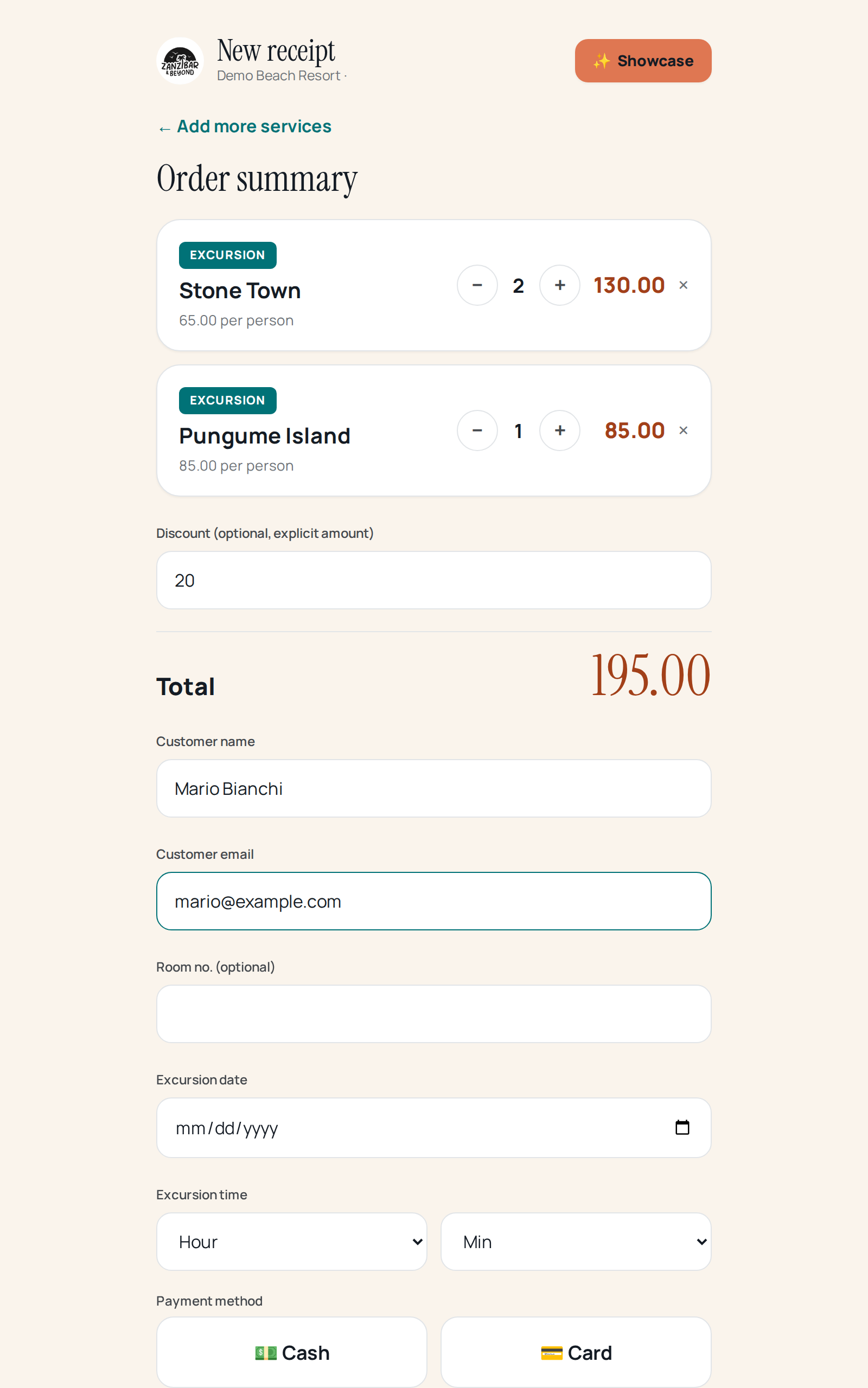 Order summary con Discount valorizzato a 20 e totale aggiornato a 195.00 sotto